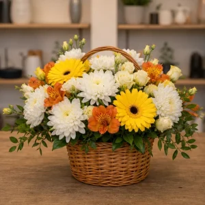 Livrare aranjamente florale de Paste vesel cu crizanteme si gerbera - poza 1