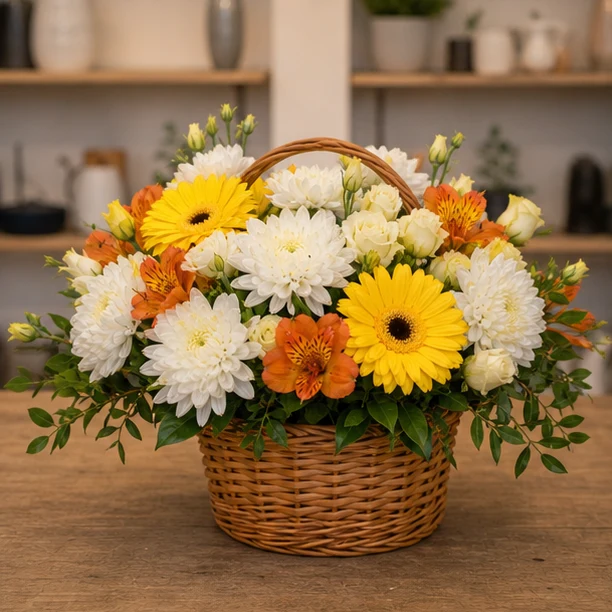 Livrare aranjamente florale de Paste vesel cu crizanteme si gerbera - poza 1