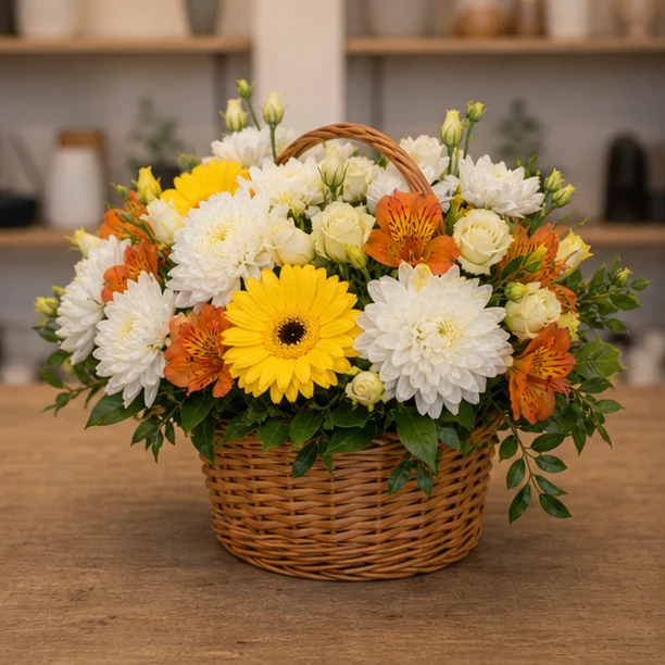 Livrare aranjamente florale de Paste vesel cu crizanteme si gerbera - poza 3