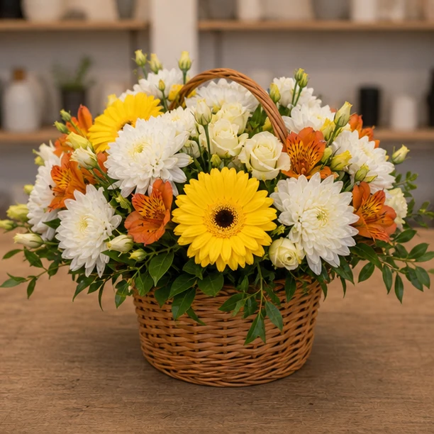 Livrare aranjamente florale de Paste vesel cu crizanteme si gerbera - poza 4