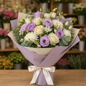 Livrare buchet pentru absolvirea liceului cu accente mov - poza 1