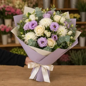 Livrare buchet pentru absolvirea liceului cu accente mov - poza 3