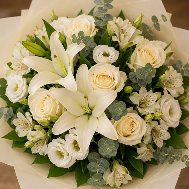Livrare buchet pentru absolvirea liceului elegant alb crem - poza 2