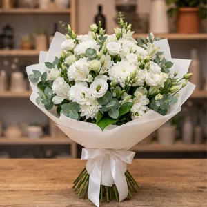 Livrare buchete de flori pentru nou-nascuti alb pur cu lisianthus - poza 1