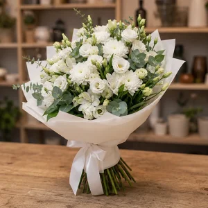 Livrare buchete de flori pentru nou-nascuti alb pur cu lisianthus - poza 4