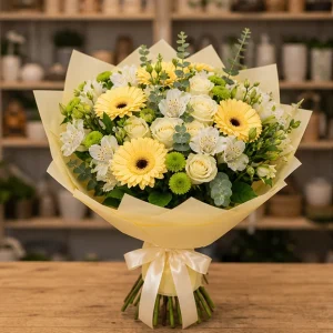 Livrare buchete de flori pentru nou-nascuti galben cald cu gerbera - poza 1