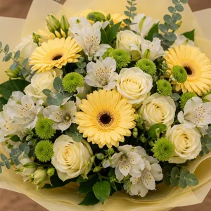 Livrare buchete de flori pentru nou-nascuti galben cald cu gerbera - poza 2