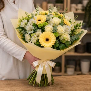 Livrare buchete de flori pentru nou-nascuti galben cald cu gerbera - poza 3