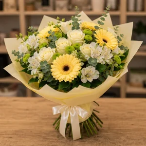 Livrare buchete de flori pentru nou-nascuti galben cald cu gerbera - poza 4