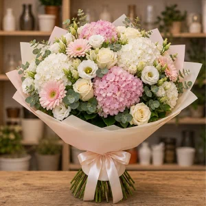Livrare buchete de flori pentru nou-nascuti grand pastel cu hortensie - poza 1