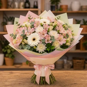 Livrare buchete de flori pentru nou-nascuti pastel vesel cu alstroemeria - poza 1