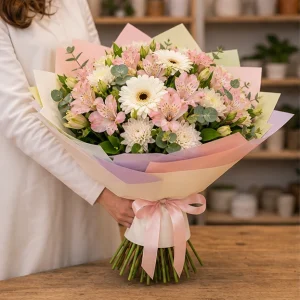 Livrare buchete de flori pentru nou-nascuti pastel vesel cu alstroemeria - poza 3
