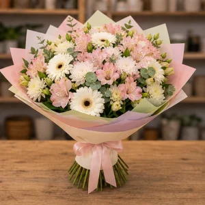 Livrare buchete de flori pentru nou-nascuti pastel vesel cu alstroemeria - poza 4