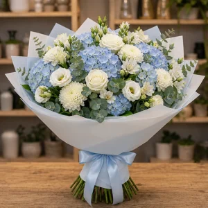 Livrare buchete de flori pentru nou-nascuti premium bleu alb - poza 1
