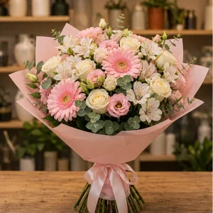 Livrare buchete de flori pentru nou-nascuti roz delicat cu gerbera - poza 1