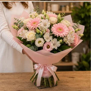 Livrare buchete de flori pentru nou-nascuti roz delicat cu gerbera - poza 3