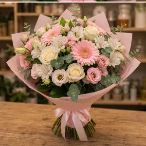 Livrare buchete de flori pentru nou-nascuti roz delicat cu gerbera - poza 4