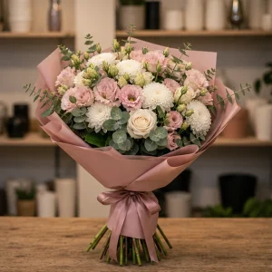 Livrare buchete de flori pentru nou-nascuti roz prafuit cu lisianthus - poza 1