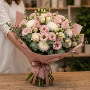 Livrare buchete de flori pentru nou-nascuti roz prafuit cu lisianthus - poza 3