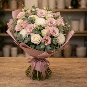 Livrare buchete de flori pentru nou-nascuti roz prafuit cu lisianthus - poza 4