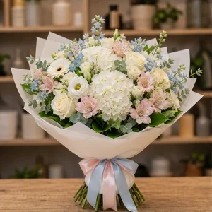 Livrare buchete de flori pentru nou-nascuti signature alb roz bleu - poza 1