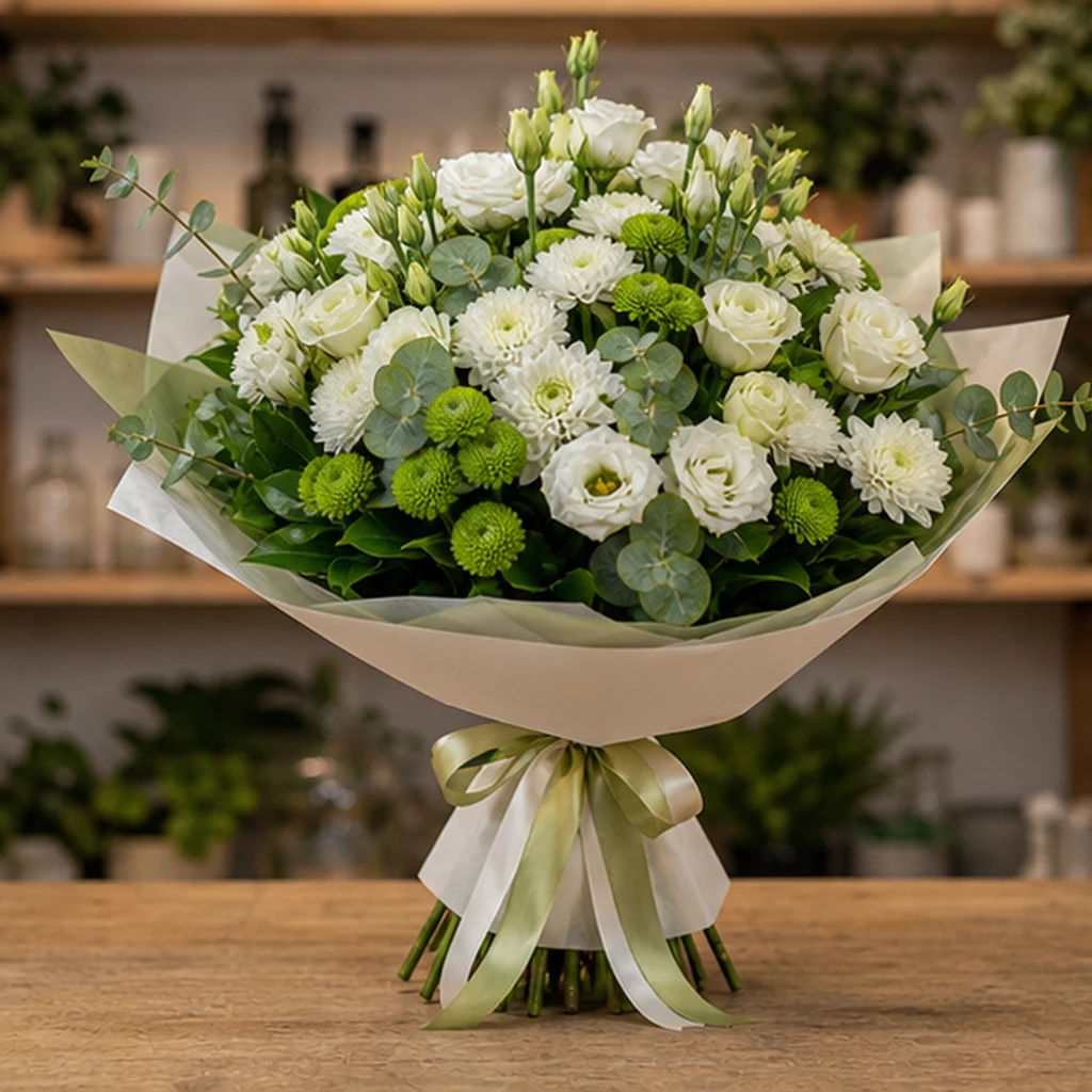 Livrare Buchete pentru Absolventi buchet alb verde cu lisianthus - poza 3