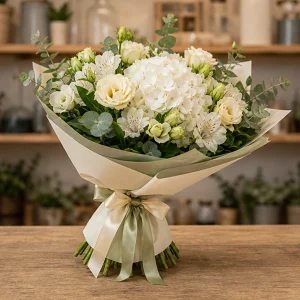 Livrare Buchete pentru Absolventi buchet crem cu hortensie alba - poza 4