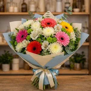 Livrare Buchete pentru Absolventi buchet multicolor cu gerbera si crizanteme - poza 1