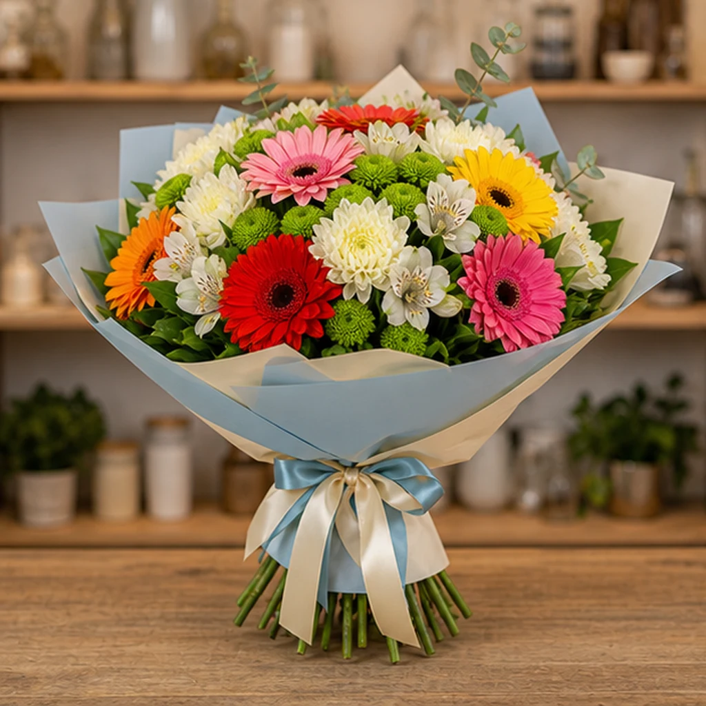 Livrare Buchete pentru Absolventi buchet multicolor cu gerbera si crizanteme - poza 3
