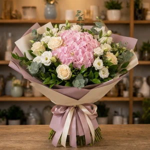 Livrare Buchete pentru Absolventi buchet premium accesibil cu hortensie roz - poza 1
