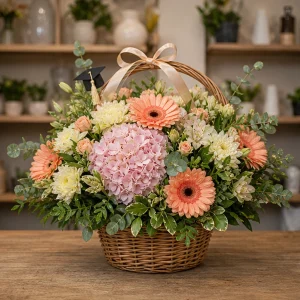 Livrare Buchete pentru Absolventi cos floral cald cu hortensie si gerbera - poza 1