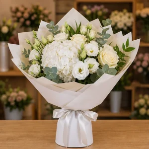 Livrare Buchete pentru Zile de Nastere buchet alb premium cu hortensie - poza 1