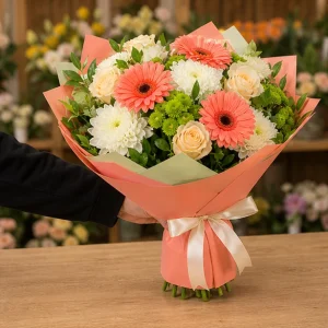 Livrare Buchete pentru Zile de Nastere buchet colorat cu gerbera somon - poza 3