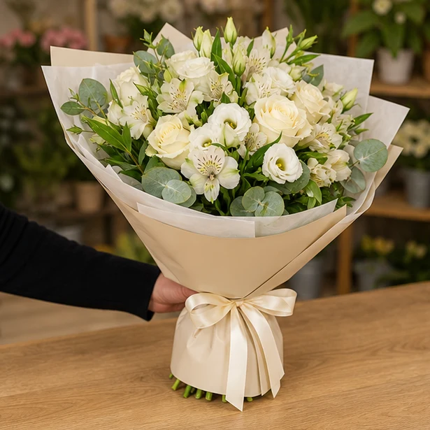 Livrare Buchete pentru Zile de Nastere buchet elegant crem cu lisianthus - poza 3