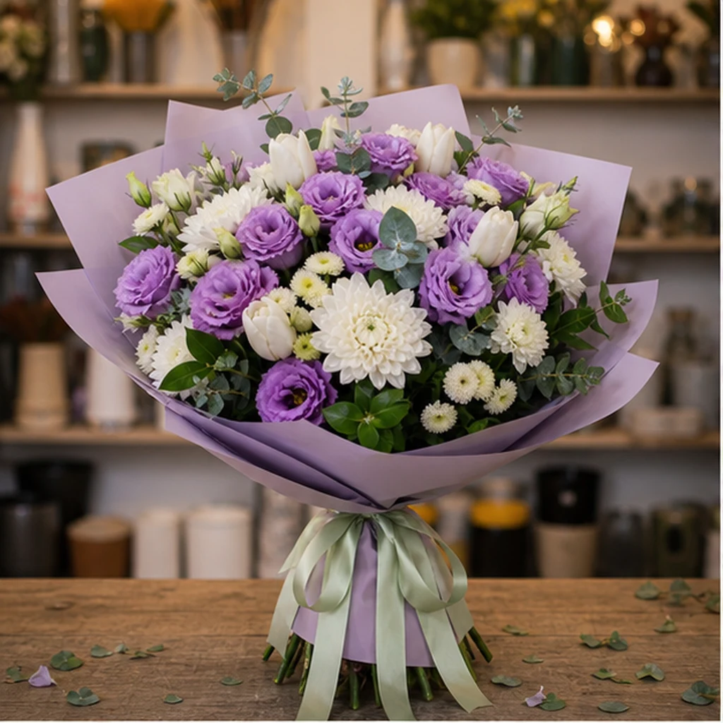 Livrare colectii de flori de primavara buchet lila cu lisianthus - poza 1