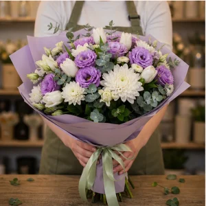 Livrare colectii de flori de primavara buchet lila cu lisianthus - poza 3