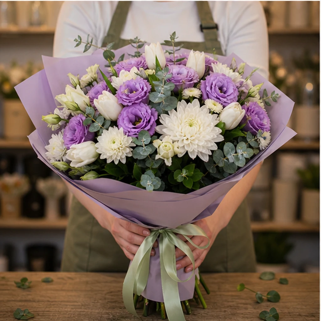 Livrare colectii de flori de primavara buchet lila cu lisianthus - poza 3