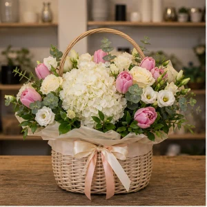 Livrare colectii de flori de primavara cos pastel cu hortensie - poza 1