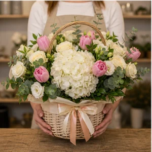 Livrare colectii de flori de primavara cos pastel cu hortensie - poza 3