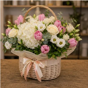 Livrare colectii de flori de primavara cos pastel cu hortensie - poza 4