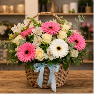 Livrare colectii de flori de primavara cos vesel cu gerbera - poza 1