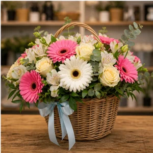 Livrare colectii de flori de primavara cos vesel cu gerbera - poza 4