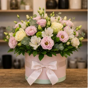 Livrare colectii de flori de primavara cutie pastel cu lisianthus - poza 1