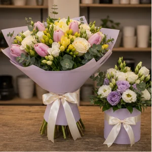 Livrare colectii de flori de primavara pachet buchet si cutie pastel - poza 1