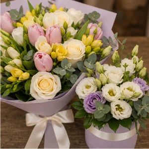 Livrare colectii de flori de primavara pachet buchet si cutie pastel - poza 2