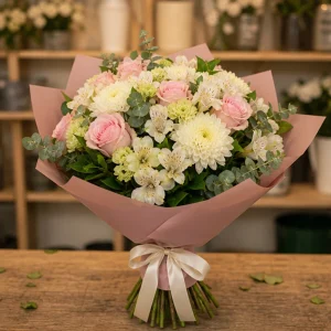 Livrare flori pentru a multumi buchet roz pal si crem - poza 1