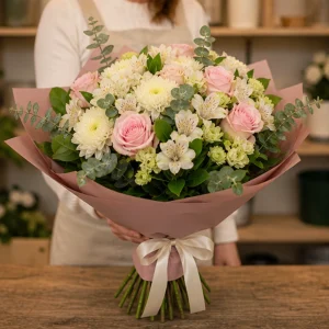 Livrare flori pentru a multumi buchet roz pal si crem - poza 3