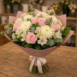 Livrare flori pentru a multumi buchet roz pal si crem - poza 4