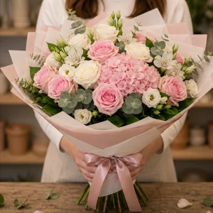 Livrare flori pentru intalniri romantice premium roz si alb - poza 3
