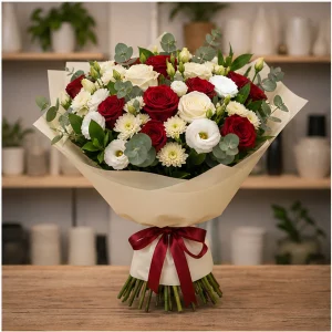 Livrare flori pentru propuneri de casatorie buchet alb rosu elegant - poza 1